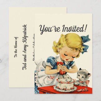 Retro Birthday Girl Cake Cat Children Artwork Einladung