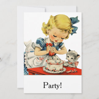 Retro Birthday Girl Cake Cat Children Artwork Einladung