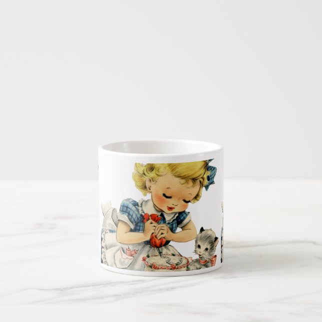 Retro Birthday Girl Cake Cat Children Artwork Espressotasse (Vorderseite)