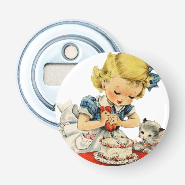 Retro Birthday Girl Cake Cat Children Artwork Flaschenöffner (Vorderseite)