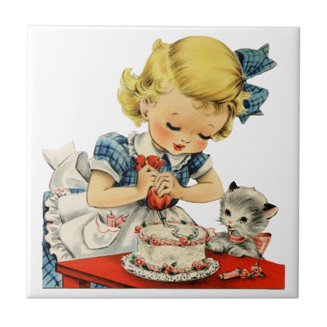 Retro Birthday Girl Cake Cat Children Artwork Fliese (Vorderseite)