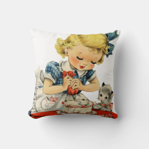 Retro Birthday Girl Cake Cat Children Artwork Kissen