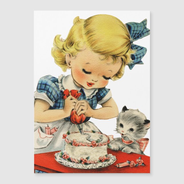 Retro Birthday Girl Cake Cat Children Artwork Magnetkarte (Vorderseite)