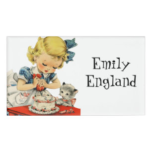 Retro Birthday Girl Cake Cat Children Artwork Namenschild