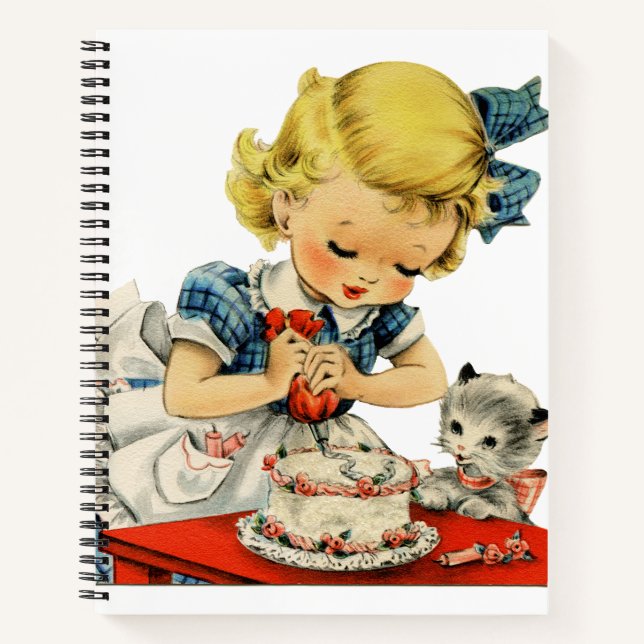 Retro Birthday Girl Cake Cat Children Artwork Notizbuch (Vorderseite)