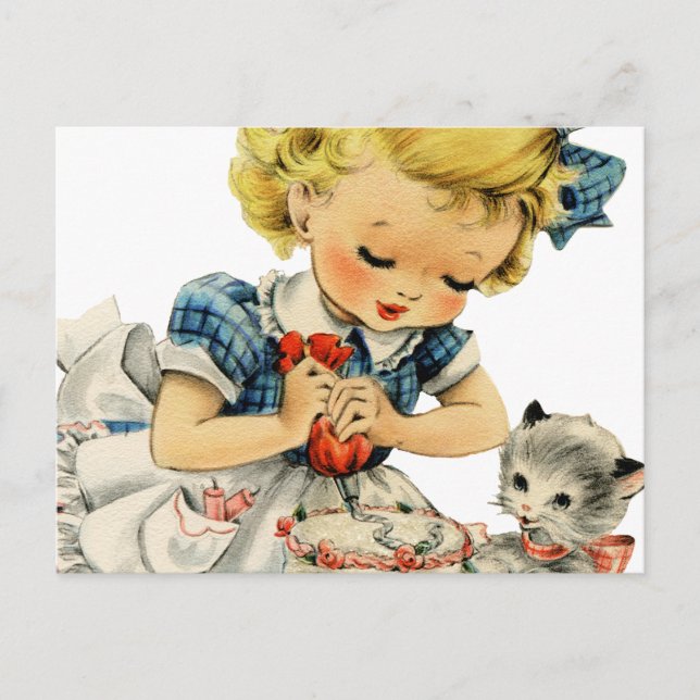 Retro Birthday Girl Cake Cat Children Artwork Postkarte (Vorderseite)