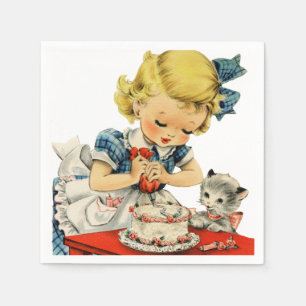 Retro Birthday Girl Cake Cat Children Artwork Serviette