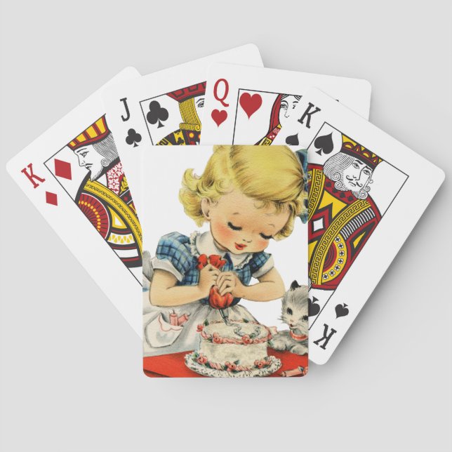 Retro Birthday Girl Cake Cat Children Artwork Spielkarten (Rückseite)
