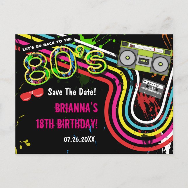Retro Birthday Party der 80er Jahre Save the Date  Ankündigungspostkarte (Vorderseite)