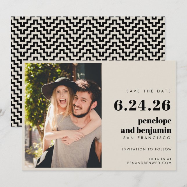 Retro Black and White Elegante Foto Wedding Save The Date (Vorne/Hinten)