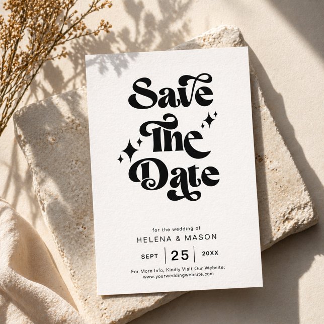 Retro Black and White Groovy Bold Script Wedding Save The Date (Von Creator hochgeladen)