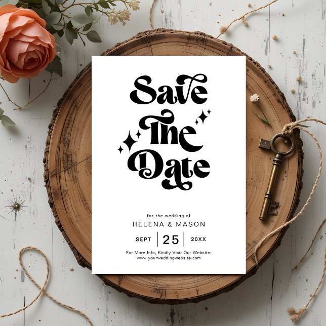 Retro Black and White Groovy Bold Script Wedding Save The Date (Von Creator hochgeladen)
