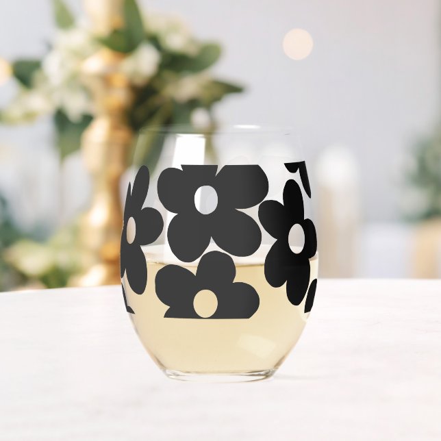Retro Black Big Daisy-Blume Weinglas Ohne Stiel (Insitu (Hochzeit))