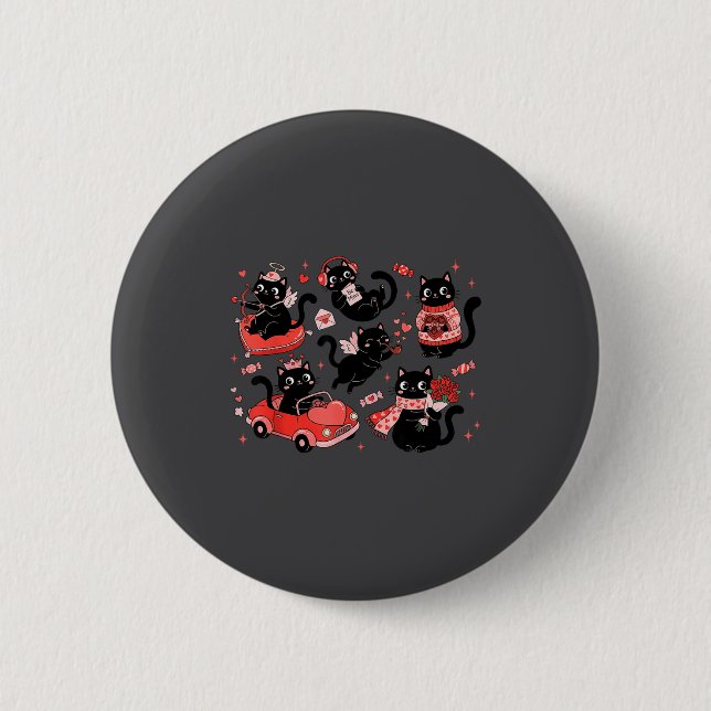 Retro Black Cat Heart Valentines Day Cute Kitten L Button (Vorderseite)