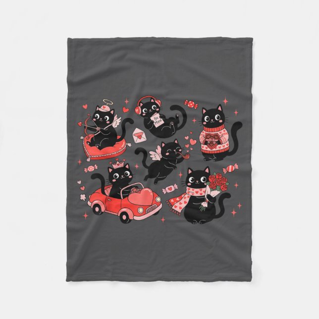 Retro Black Cat Heart Valentines Day Cute Kitten L Fleecedecke (Vorderseite)