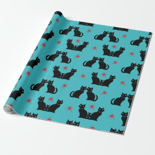 Retro Black Cat Kitty Red Stars Packpapier