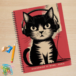 Retro Black Cat, Mastermine bei der Arbeit & Name, Notizbuch
