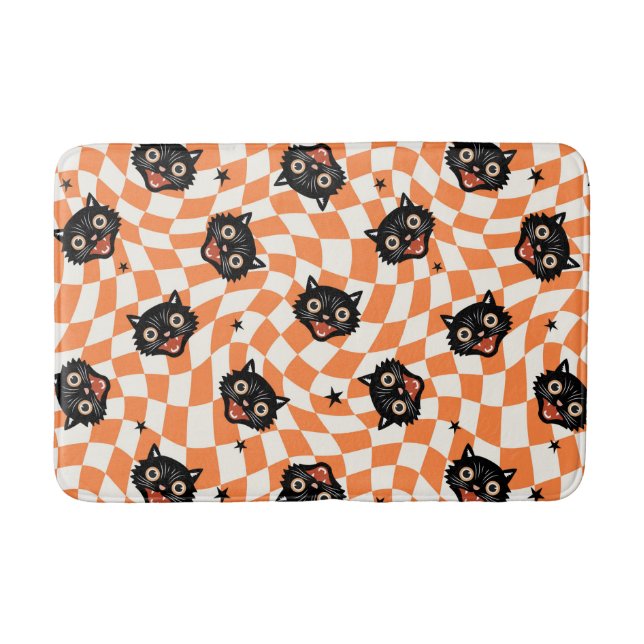 Retro Black Cat Orange Karo Muster Badematte (Vorderseite)
