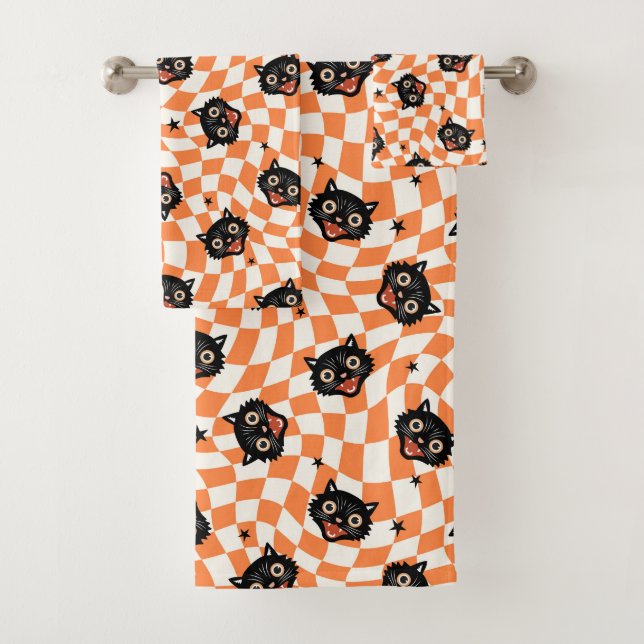 Retro Black Cat Orange Karo Muster Badhandtuch Set (Insitu)