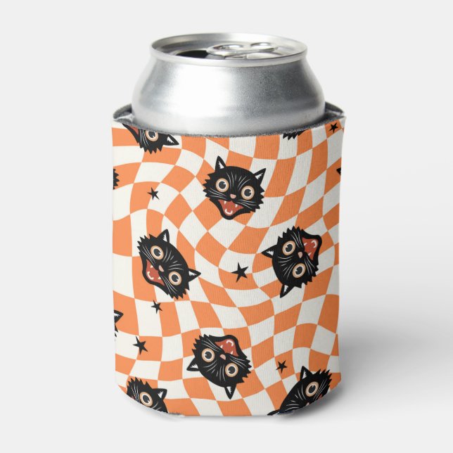 Retro Black Cat Orange Karo Muster Dosenkühler (Kanne Vorderseite)