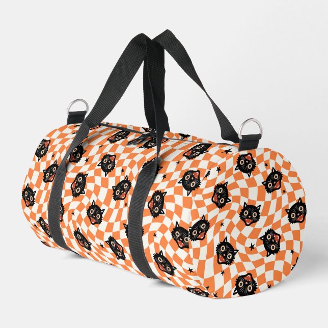Retro Black Cat Orange Karo Muster Duffle Bag (Linke Seite)