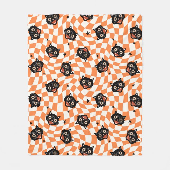 Retro Black Cat Orange Karo Muster Fleecedecke (Vorderseite)