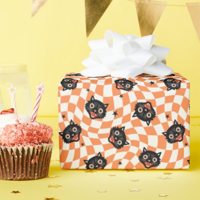 Retro Black Cat Orange Karo Muster Geschenkpapier (Geburtstagsparty)
