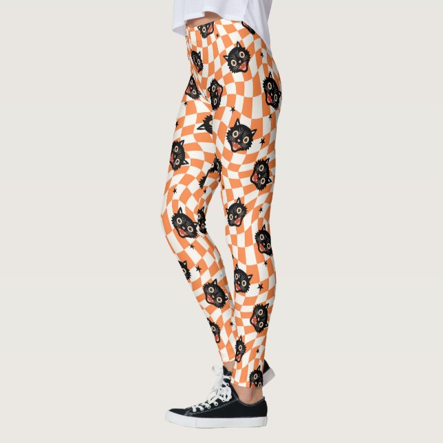 Retro Black Cat Orange Karo Muster Leggings (Links)