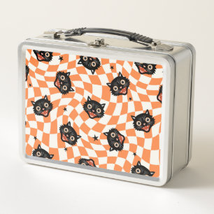 Retro Black Cat Orange Karo Muster Metall Brotdose
