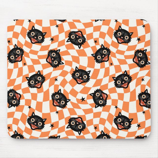 Retro Black Cat Orange Karo Muster Mousepad (Vorne)