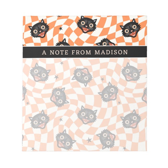 Retro Black Cat Orange Karo Muster Notizblock (Vorderseite)