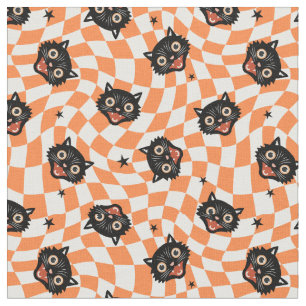 Retro Black Cat Orange Karo Muster Stoff