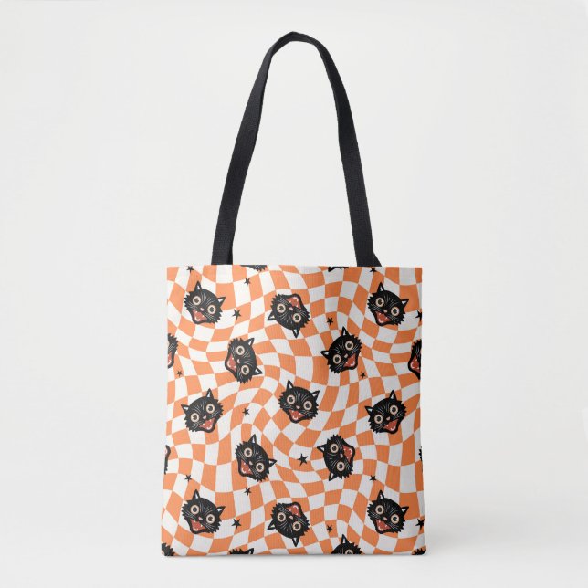 Retro Black Cat Orange Karo Muster Tasche (Vorderseite)