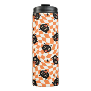 Retro Black Cat Orange Karo Muster Thermosbecher