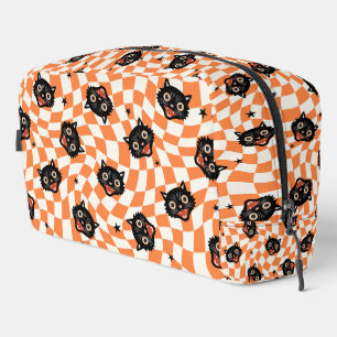 Retro Black Cat Orange Karo Muster Waschbeutel
