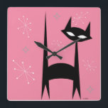 Retro Black Cat Pink Pop Art Clock Quadratische Wanduhr<br><div class="desc">Retro Black Cat Pink Pop Art Clock</div>