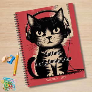 Retro Black Cat, Plotting World Domination, Funny Notizbuch