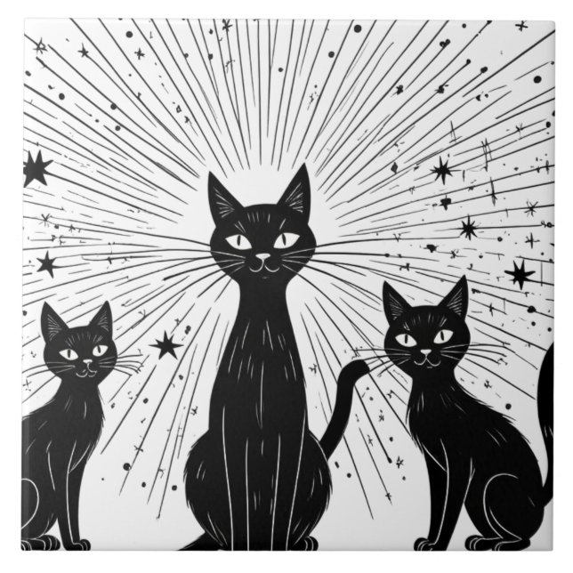 Retro Black Cats Atomic Sternexplosion Mitte Jahrh Fliese (Vorderseite)