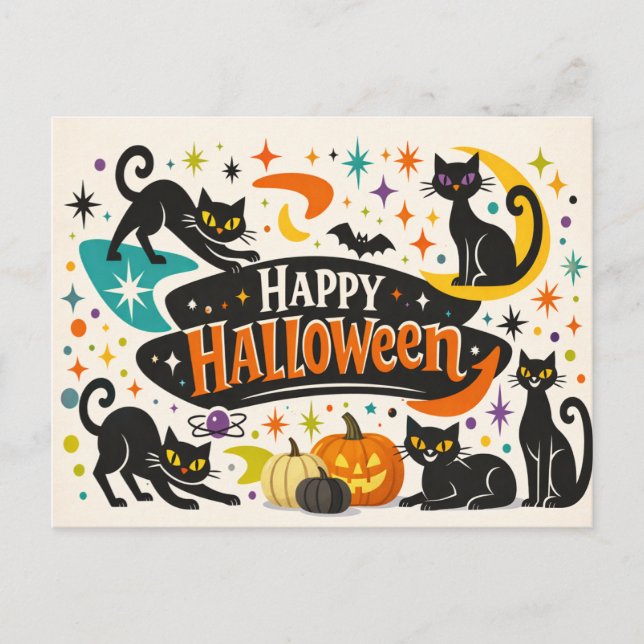 Retro Black Cats Halloween Feiertagspostkarte (Vorderseite)