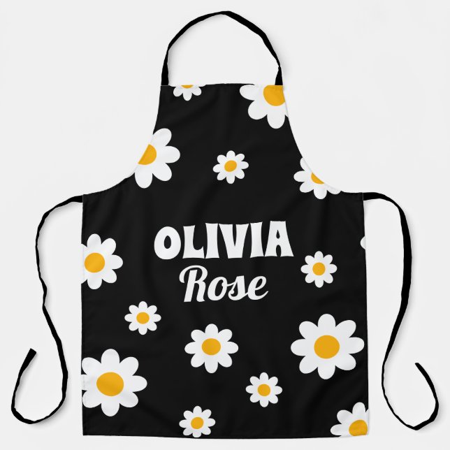 Retro Black Daisy 70's Hippie Individuelle Name Kü Schürze (Vorderseite)