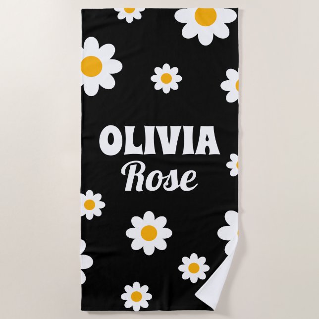 Retro Black Daisy Hippie Individuelle Name der 70e Strandtuch (Vorderseite)