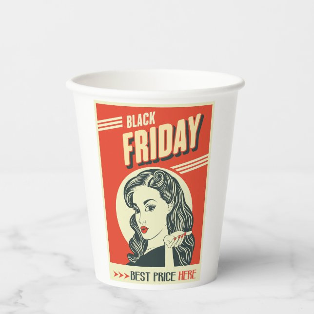 Retro Black Friday Pop Art Pin-Up Girl Pappbecher (Vorderseite)