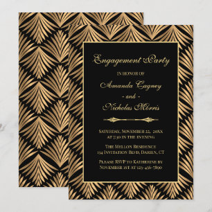 Retro Black Gold Art Deco Gatsby Engagement Party Einladung