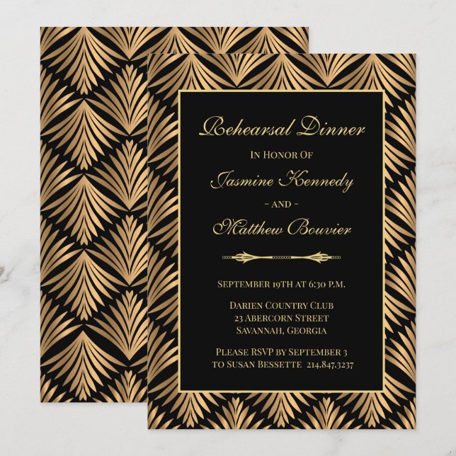 Retro Black Gold Gatsby Hochzeit Probe Dinner Einladung (Vorne/Hinten)