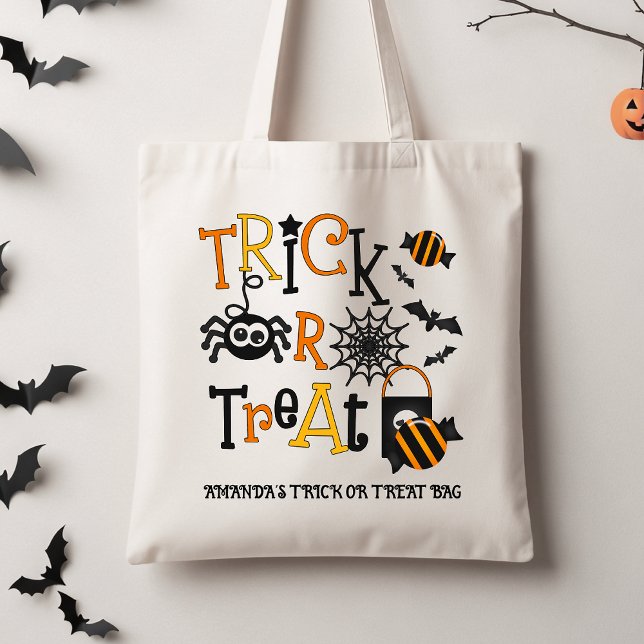 Retro Black Kids Halloween Trick oder behandeln Ta Tragetasche (Halloween Trick or Treat Tote Bag, Personalized Kids Trick Or Treat Tote, Spider Candy Trick Treat)