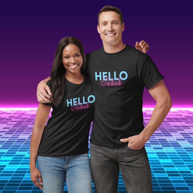 Retro Black Pink Neon Hallo Jesus Christlicher Kaf T-Shirt (Von Creator hochgeladen)