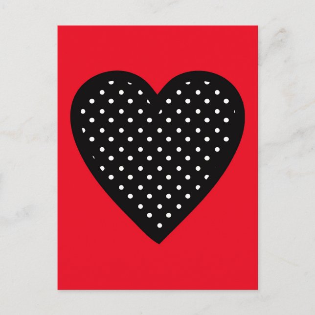 Retro Black Polka Dot Herz auf rotem Hintergrund Postkarte (Vorderseite)