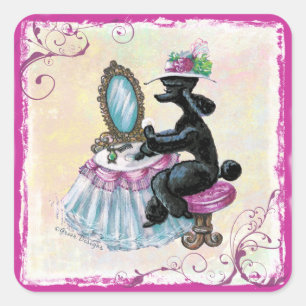 Retro Black Poodle in ihrem Boudoir Quadratischer Aufkleber