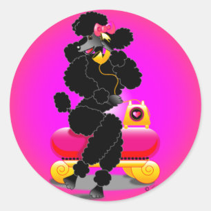 Retro Black Poodle on Phone Runder Aufkleber