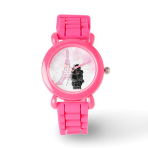 Retro Black Poodle Pink Eiffelturm Armbanduhr